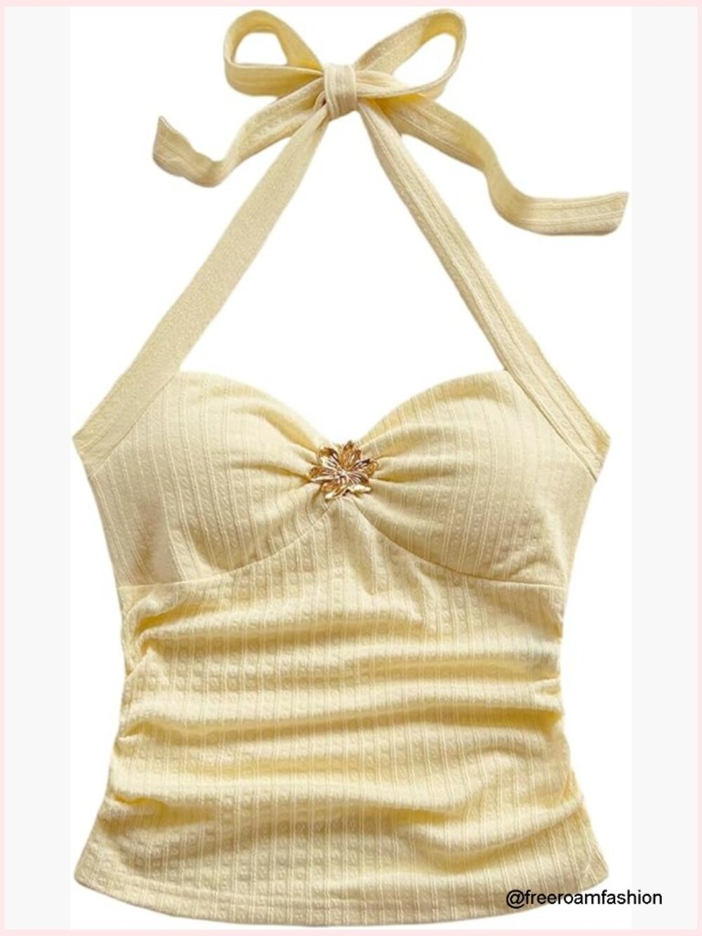 V Neck Halter Top Open Back Ruched Floral Metal Summer Cami